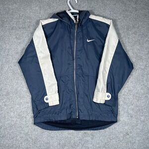 Nike Windbreaker Jacket Boys Size Medium Navy Blue White Swoosh Logo Full Zip
